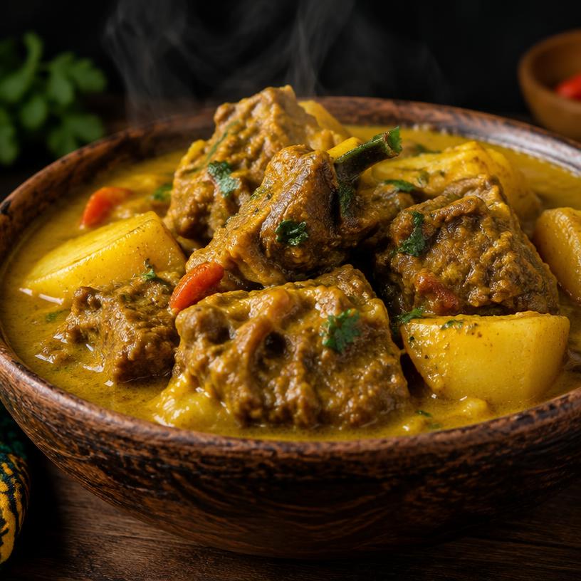 Curry goat with potatoes in vibrant yellow sauce