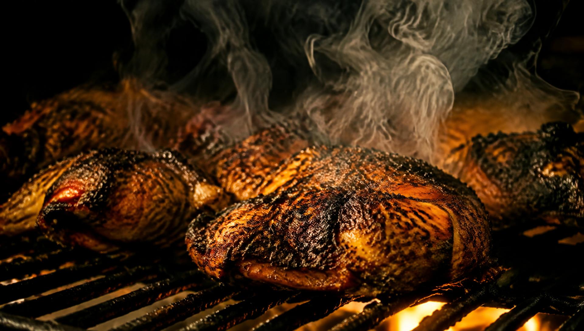 Jerk chicken smoking over a pimento wood grill