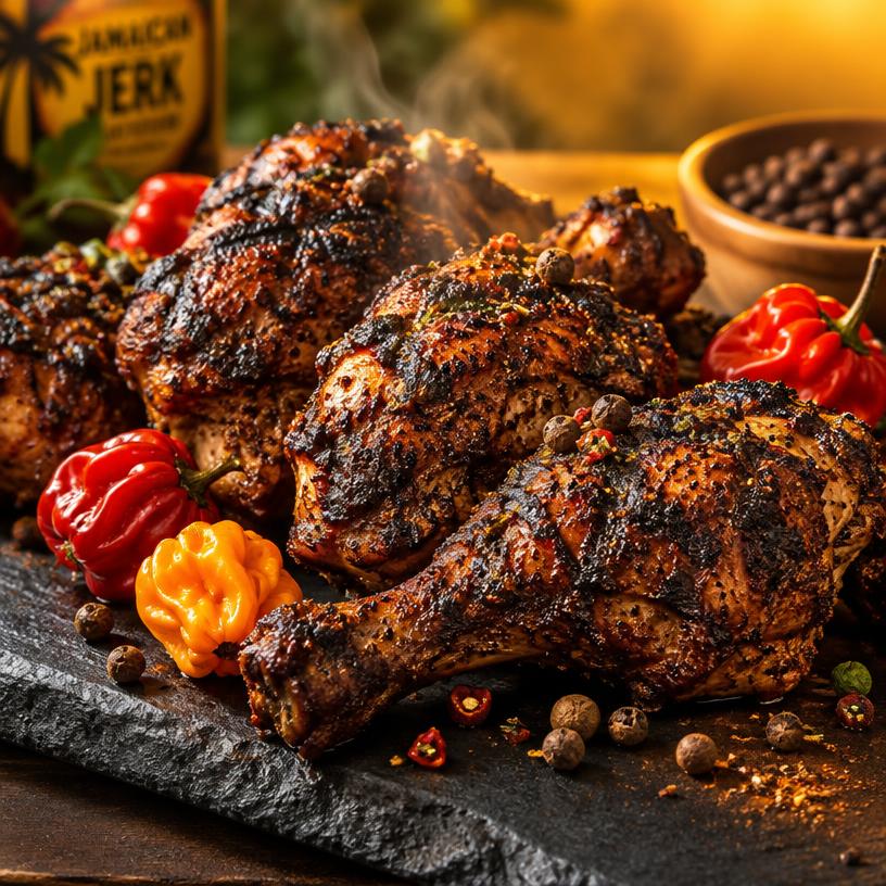 Flame-grilled jerk chicken with scotch bonnet peppers