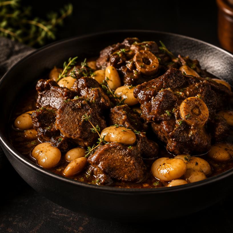Braised oxtail with butter beans in rich gravy